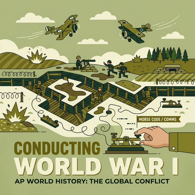 Illustration of trench warfare lines, biplanes, and telegraph keys.