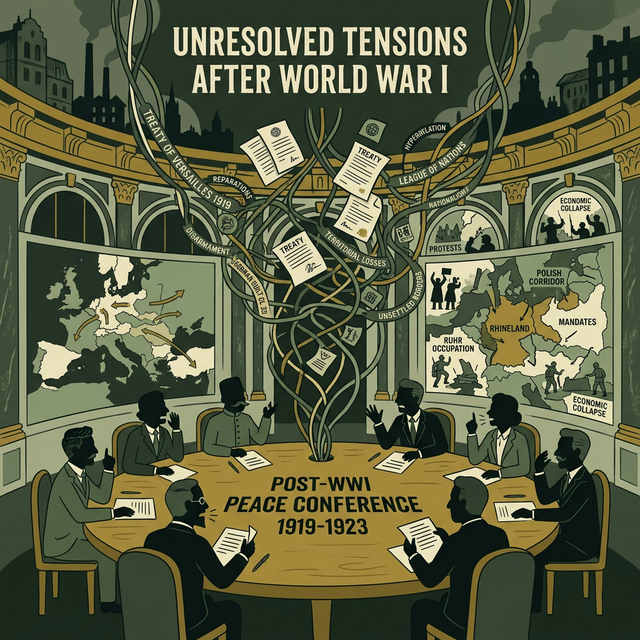 Illustration of diplomatic cables and treaty papers in a conference setting.