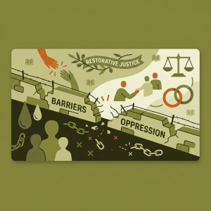 Conceptual design using symbolic barriers and restorative Justice icons.