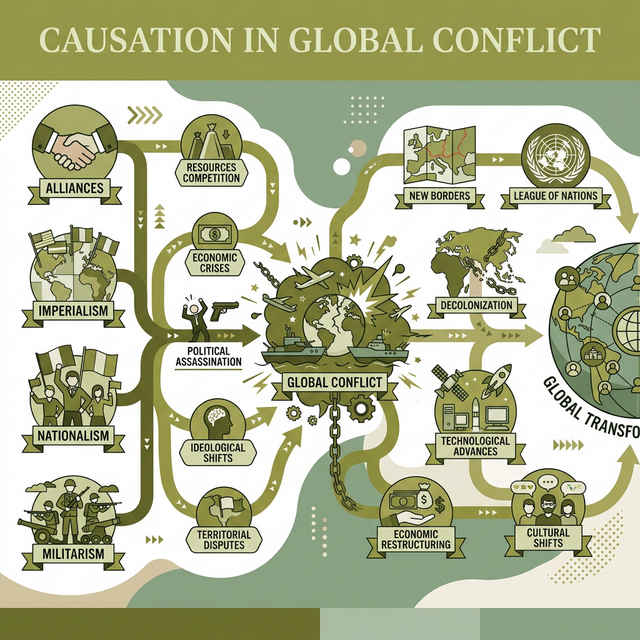 Conceptual design showing interconnected nodes of cause and effect in global conflict.