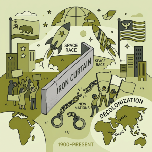 Illustration of the Cold War divided world, Iron Curtain, space race, and broken chains representing new nations.