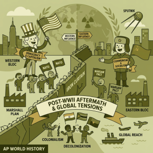 Illustration of the aftermath of WWII and rising tensions between two superpowers.