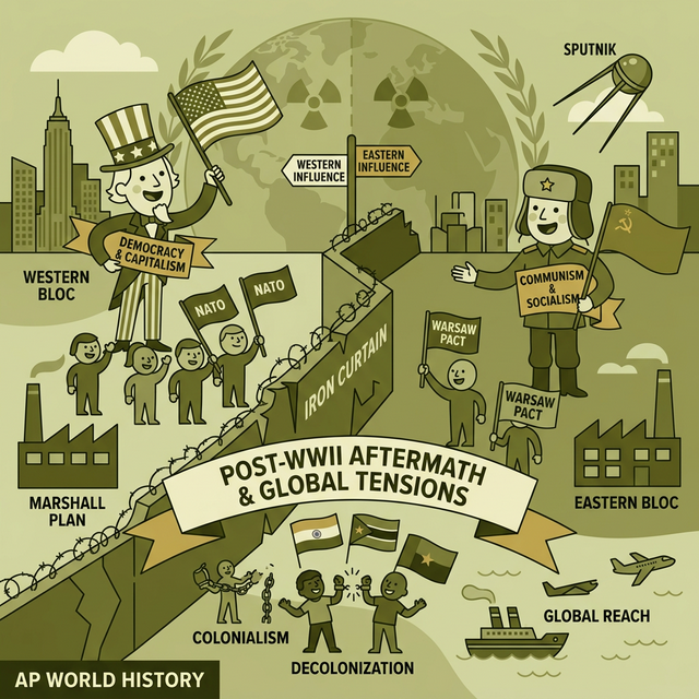 Illustration of the aftermath of WWII and rising tensions between two superpowers.