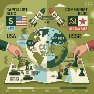 Illustration of indirect conflict with proxy war chess pieces, nuclear missiles, and a divided globe.