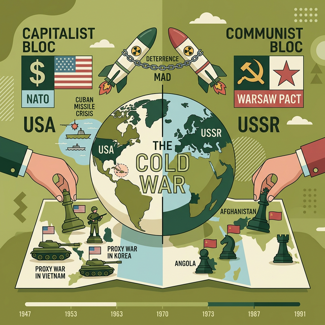 Illustration of indirect conflict with proxy war chess pieces, nuclear missiles, and a divided globe.