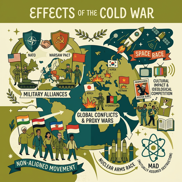 Illustration of the Non-Aligned Movement, military alliances like NATO, and cultural impacts.