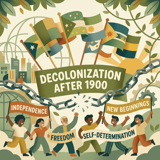 Illustration of breaking colonial chains, rising national flags, and peaceful protests.