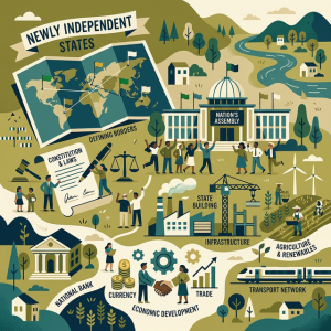 Illustration of emerging governments, new parliaments, and economic development.