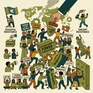 Illustration of peaceful and violent resistance against established authorities.