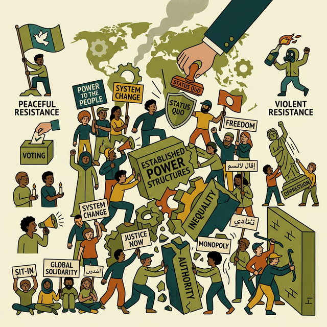 Illustration of peaceful and violent resistance against established authorities.