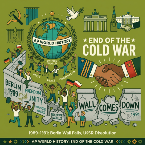 Illustration of the Berlin Wall falling, diplomatic handshakes, and a unified globe.