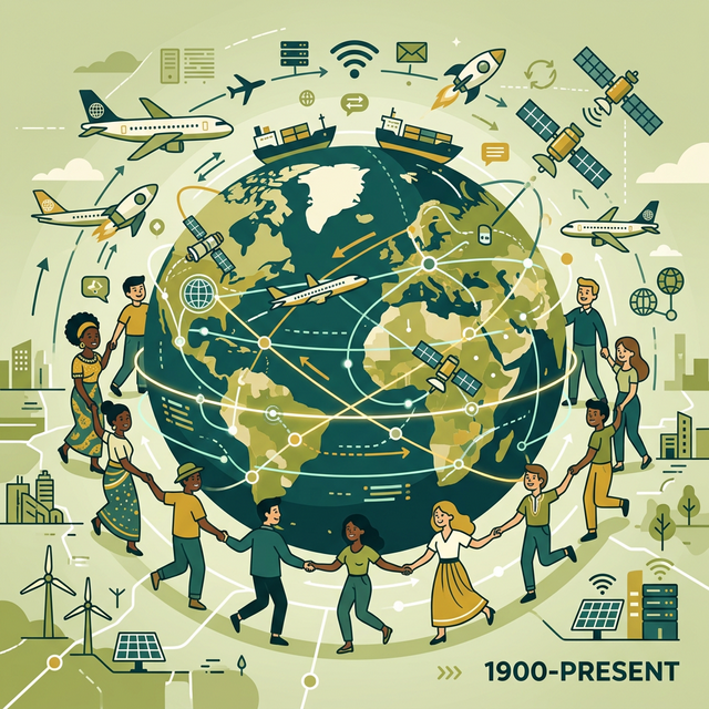 Illustration of an interconnected globe with digital networks, airplanes, and satellites representing globalization.