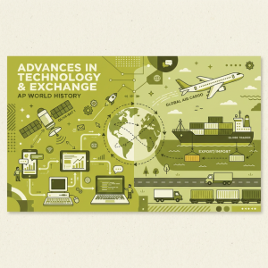 Illustration of communication technology like smartphones and satellites, alongside modern transportation.