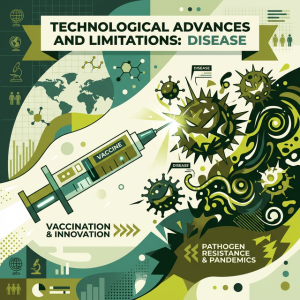 Illustration of medical breakthroughs like syringes combating abstract virus shapes.