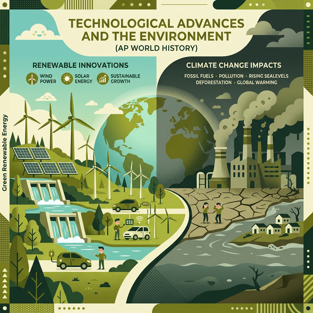 Illustration contrasting renewable green energy like wind turbines with the impacts of climate change and factory pollution.