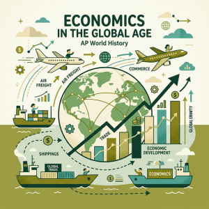 Illustration of interconnected trade routes, shipping containers, airplanes, and rising economic charts.