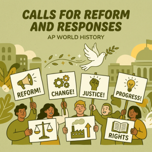 Illustration of hands holding protest signs and a dove of peace representing civil rights and reform movements.