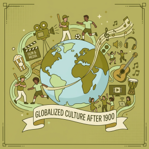 Illustration of cultural exchange with music, movies, and sports symbols around a globe.