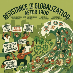 Illustration of protest figures holding signs pushing back against multinational corporate logos.
