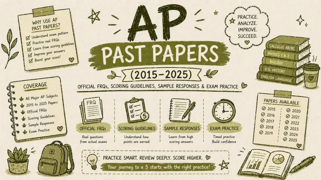 Hand-sketched AP Past Papers 2015 to 2025 feature image showing official FRQs, scoring guidelines, sample responses, and exam practice in olive green theme