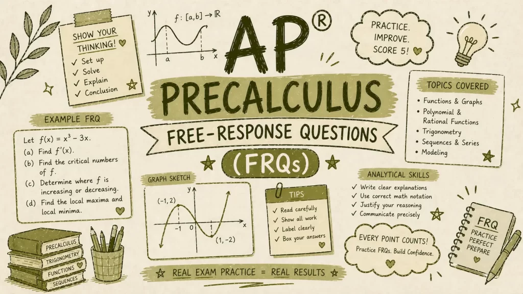Hand-sketched AP Precalculus free-response questions guide with FRQ tips, graph examples, topics covered, and olive green study notes