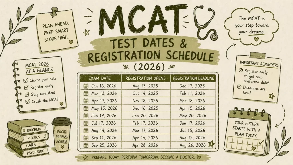 Hand-sketched MCAT 2026 test dates and registration schedule showing exam calendar, deadlines, and preparation tips in an olive green theme