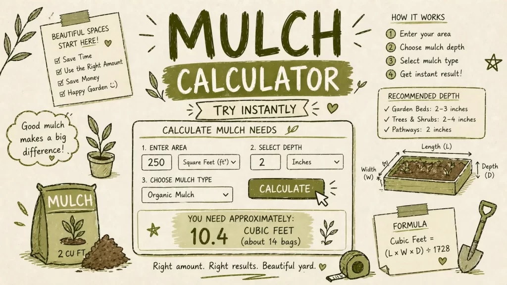 Hand-sketched mulch calculator feature image showing mulch depth, area, cubic feet, and garden bed measurements in an olive green theme