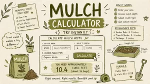 Hand-sketched mulch calculator feature image showing mulch depth, area, cubic feet, and garden bed measurements in an olive green theme