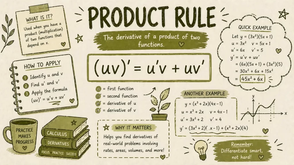 Hand-sketched product rule calculus guide showing (uv)' = u'v + uv' with examples and steps in an olive green theme