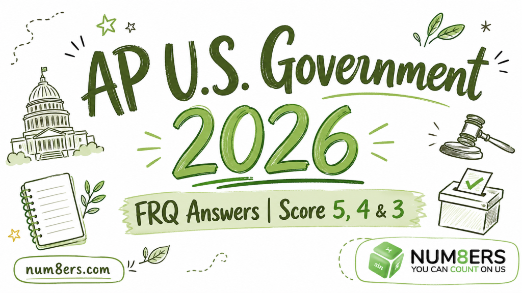 Hand-drawn AP U.S. Government 2026 FRQ Answers poster with Score 5, 4 and 3 model response guide by Num8ers