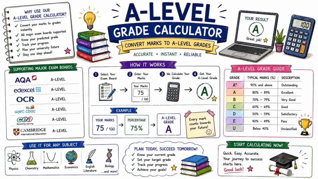 Hand-drawn A-Level grade calculator image with marks input, exam boards, grade guide, instant result screen, calculator, and study planning notes