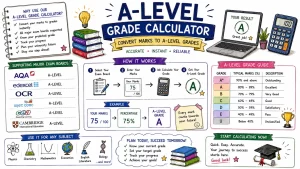 Hand-drawn A-Level grade calculator image with marks input, exam boards, grade guide, instant result screen, calculator, and study planning notes