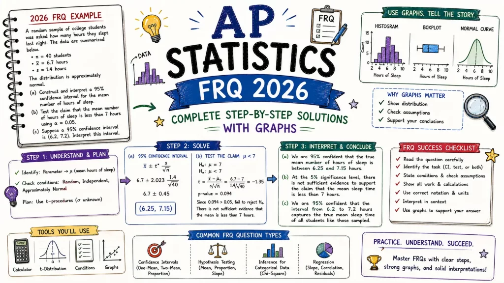 Hand-drawn AP Statistics FRQ 2026 image with step-by-step solutions, confidence intervals, hypothesis testing, graphs, and FRQ checklist