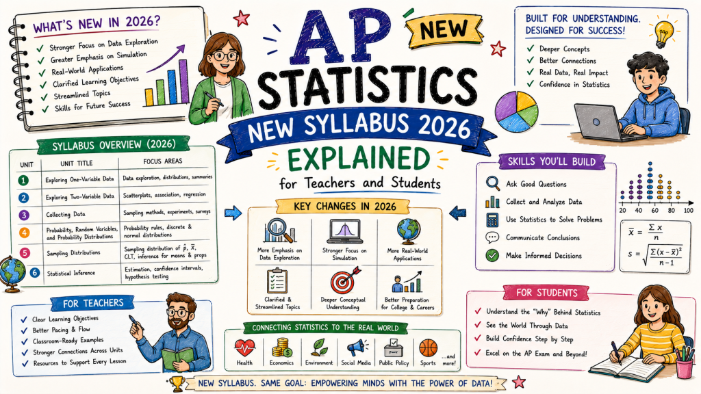 Hand-drawn AP Statistics new syllabus 2026 image showing syllabus overview, key changes, teacher and student guidance, statistics charts, and learning skills