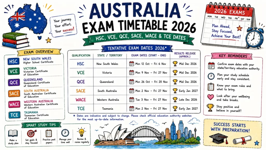Hand-drawn Australia exam timetable 2026 image with HSC, VCE, QCE, SACE, WACE, TCE dates, state overview, calendar, and study tips