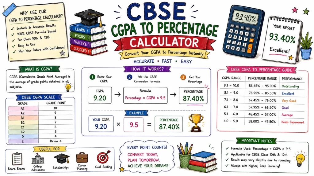 Hand-drawn CBSE CGPA to percentage calculator image with CGPA input, CBSE conversion formula, percentage result, CGPA scale, and performance guide