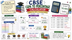 Hand-drawn CBSE CGPA to percentage calculator image with CGPA input, CBSE conversion formula, percentage result, CGPA scale, and performance guide