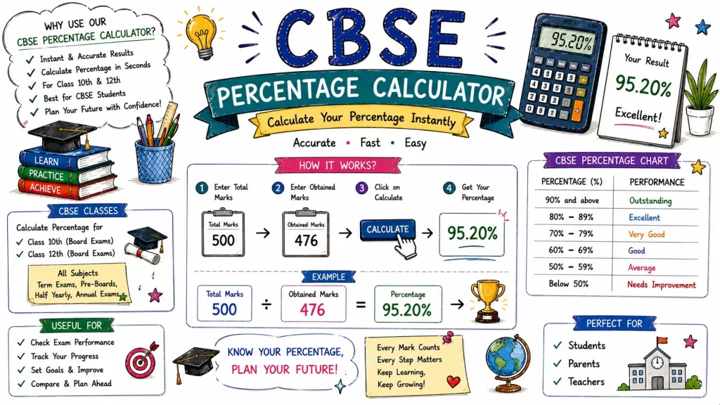 Hand-drawn CBSE percentage calculator image with total marks, obtained marks, percentage result, performance chart, calculator, and student study tips