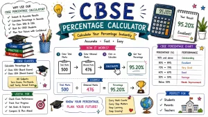 Hand-drawn CBSE percentage calculator image with total marks, obtained marks, percentage result, performance chart, calculator, and student study tips