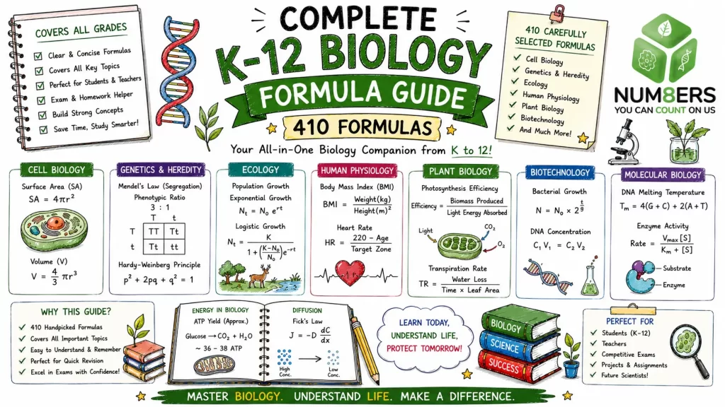 Hand-drawn K-12 Biology Formula Guide image with 410 formulas, cell biology, genetics, ecology, human physiology, plant biology, biotechnology, and NUM8ERS logo
