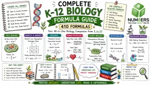 Hand-drawn K-12 Biology Formula Guide image with 410 formulas, cell biology, genetics, ecology, human physiology, plant biology, biotechnology, and NUM8ERS logo
