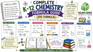 Hand-drawn K-12 Chemistry Formula Guide image with 370 formulas, atomic structure, chemical bonding, thermodynamics, equilibrium, organic chemistry, solutions, and NUM8ERS logo