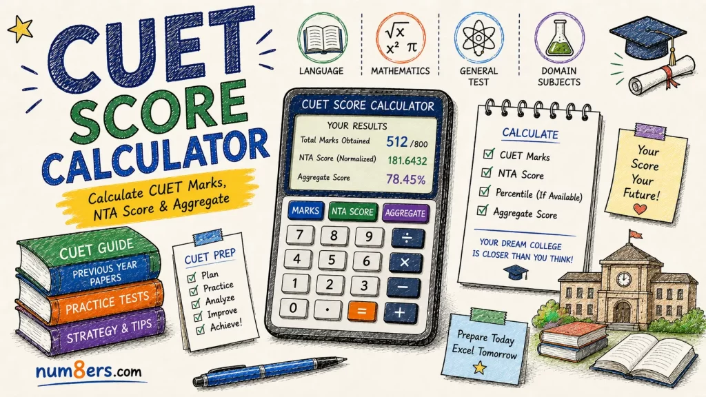 Hand-drawn CUET Score Calculator illustration featuring CUET marks calculator, NTA normalized score, aggregate percentage, study materials, and university admission preparation elements.