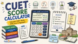 Hand-drawn CUET Score Calculator illustration featuring CUET marks calculator, NTA normalized score, aggregate percentage, study materials, and university admission preparation elements.