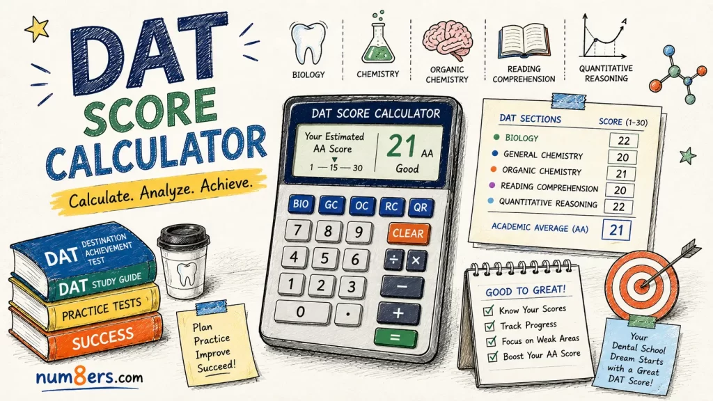 Hand-drawn DAT Score Calculator illustration featuring Dental Admission Test subjects, score calculator, study materials, and academic planning elements for dental school preparation.