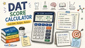 Hand-drawn DAT Score Calculator illustration featuring Dental Admission Test subjects, score calculator, study materials, and academic planning elements for dental school preparation.