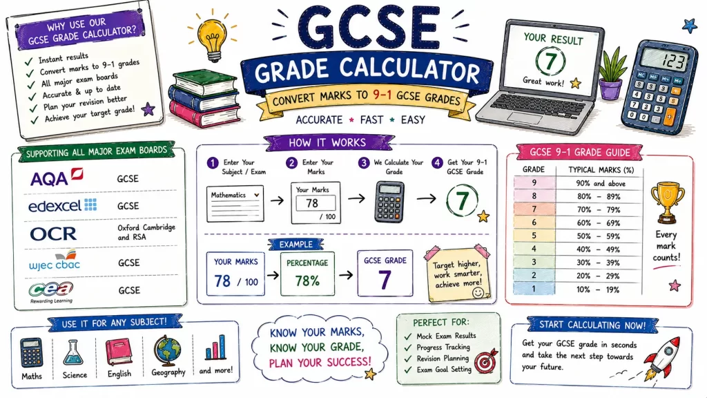 Hand-drawn GCSE grade calculator image with marks input, 9-1 grade conversion, exam boards, grade guide, calculator, and instant result screen