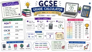 Hand-drawn GCSE grade calculator image with marks input, 9-1 grade conversion, exam boards, grade guide, calculator, and instant result screen