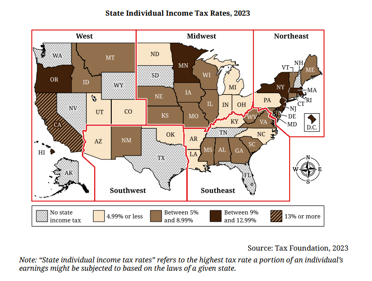 Map of 2023 state individual income tax rates used in AP U.S. Government and Politics 2026 FRQ Question 2