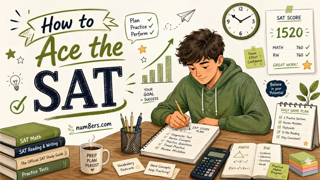 Student studying with SAT books, calculator, notes, and practice plan in a hand-drawn illustration for How to Ace the SAT guide by num8ers.com
